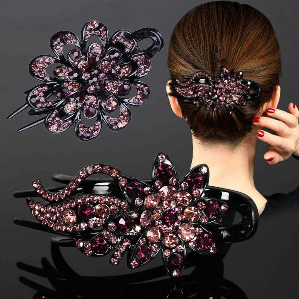 Shiny Rhinestone Hairpin Flower Leaf Duckbill Hair Claws Retro Hair Clips Accessories For Women Shinning Ponytail HeadwearW254021