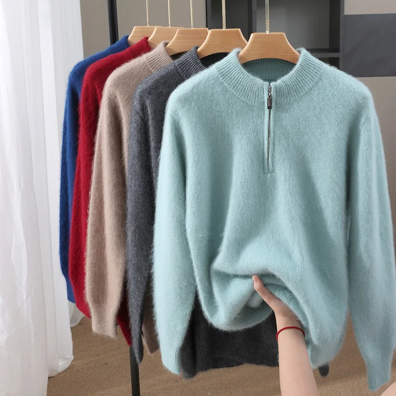 100 Mink Cashmere Sweater Men Mockneck Zipper Pullover Autumn Winter Thick Soft Warm Comfy Cashmere Knitwear High Quality Tops 251020