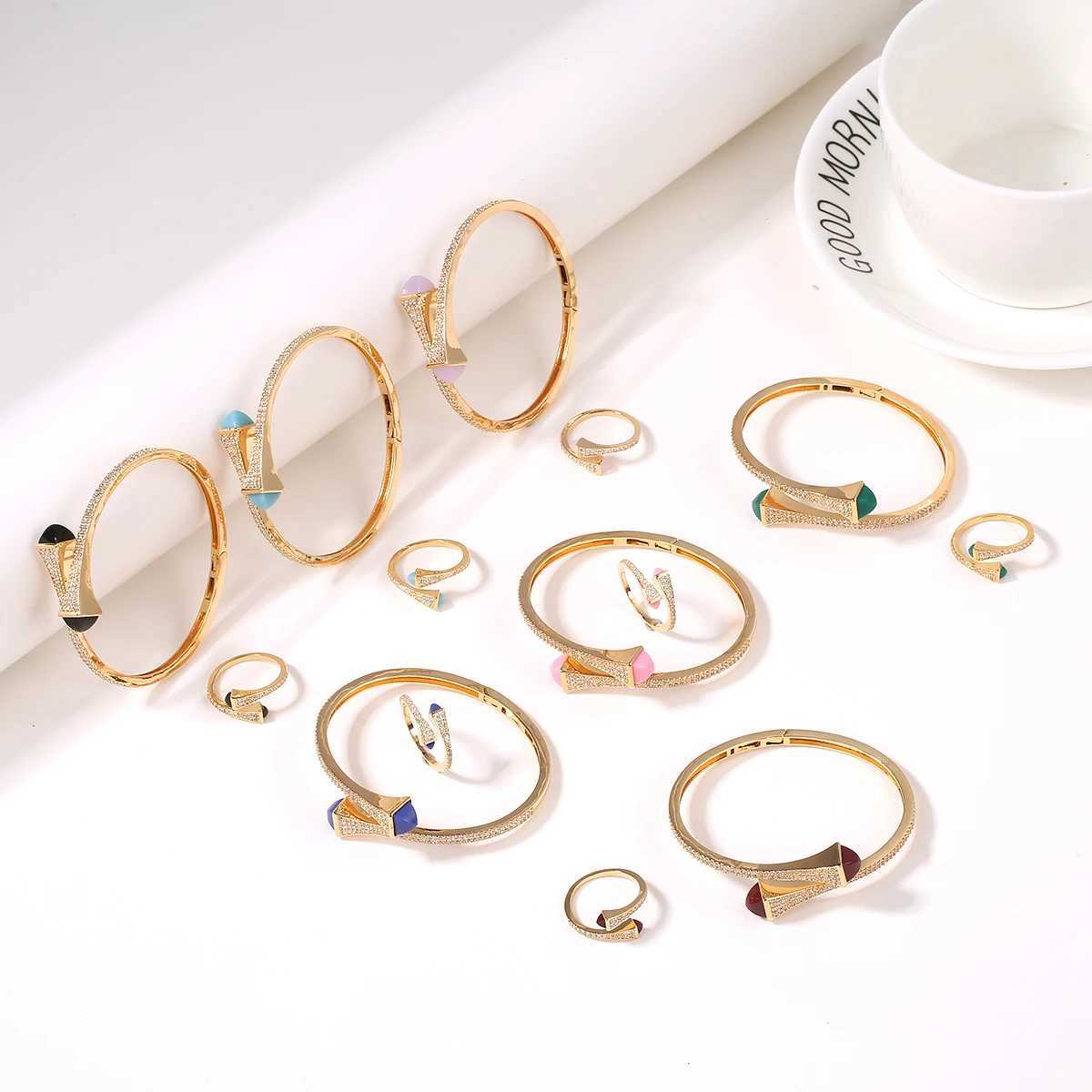 2021 New Romatic Women Fashion 2 Pcs Bracelet Ring Set Candy color stone Simple Design Gold Open Cuff Bangle Ring Jewelry Set J251021