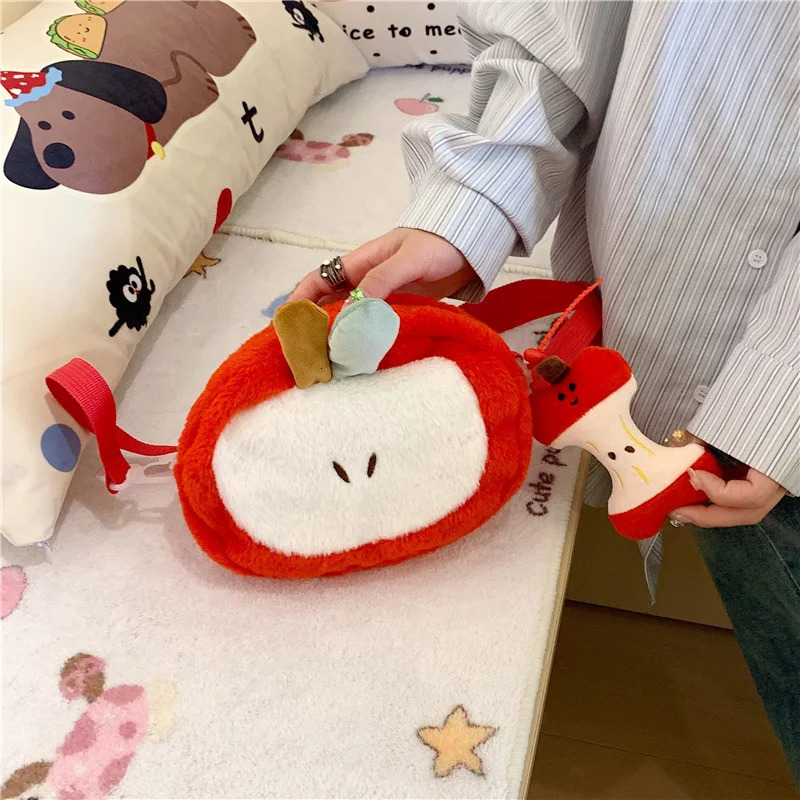 2025 women plush cute shoulder bag girl creative red Apple cartoon large capacity mobile phone bag 251021