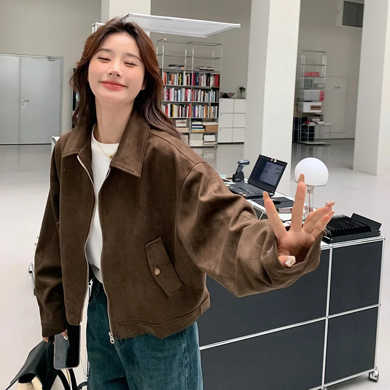 Browan Suede Jacket Womens Short Style Korean Fashion Autumn Coat HighEnd Feelings Polyester Fabric Long Sleeve Zipper Closure 251021
