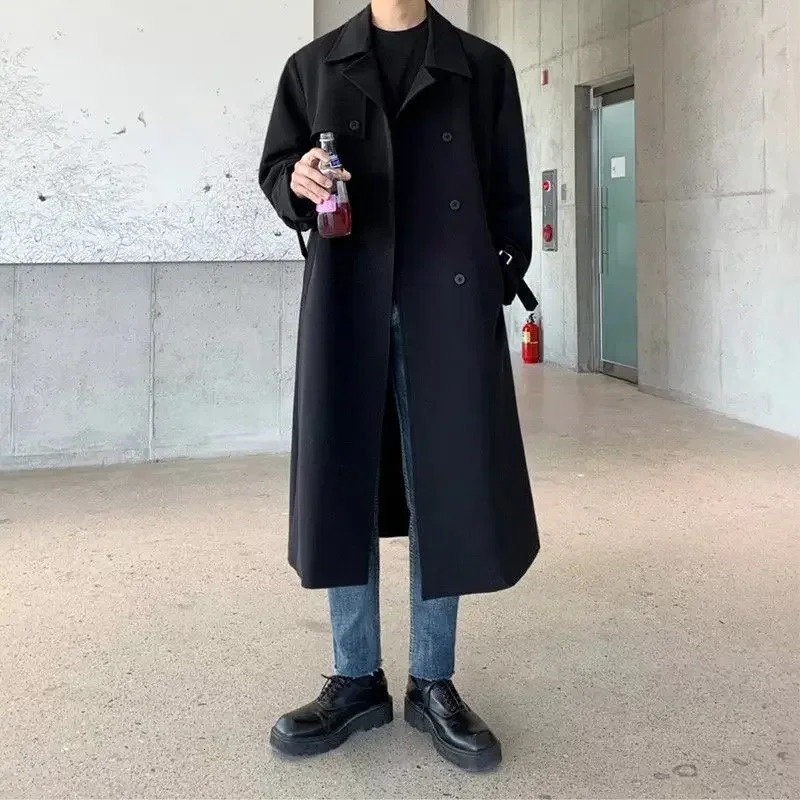 Korean Version of Solid Color Casual Double Breasted Lapel Trench Coat Mens Spring and Autumn Loose Long Trench Coat 251028