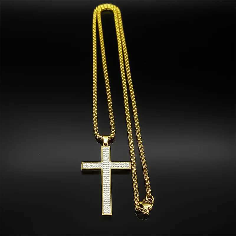 Trendy Cross Rhinestone Pendant Necklace For Women Men Stainless Steel Silver Color Religion Catholic Chain Jewelry GiftsXJ251018