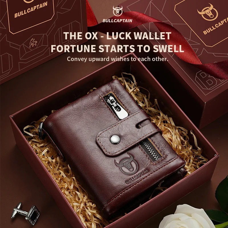 Bullcaptain Genuine Leather Mens Wallet Fashion Quality Travel Purse Rfid Protect Credit Card Holder Wollst for Men with Chain 251013