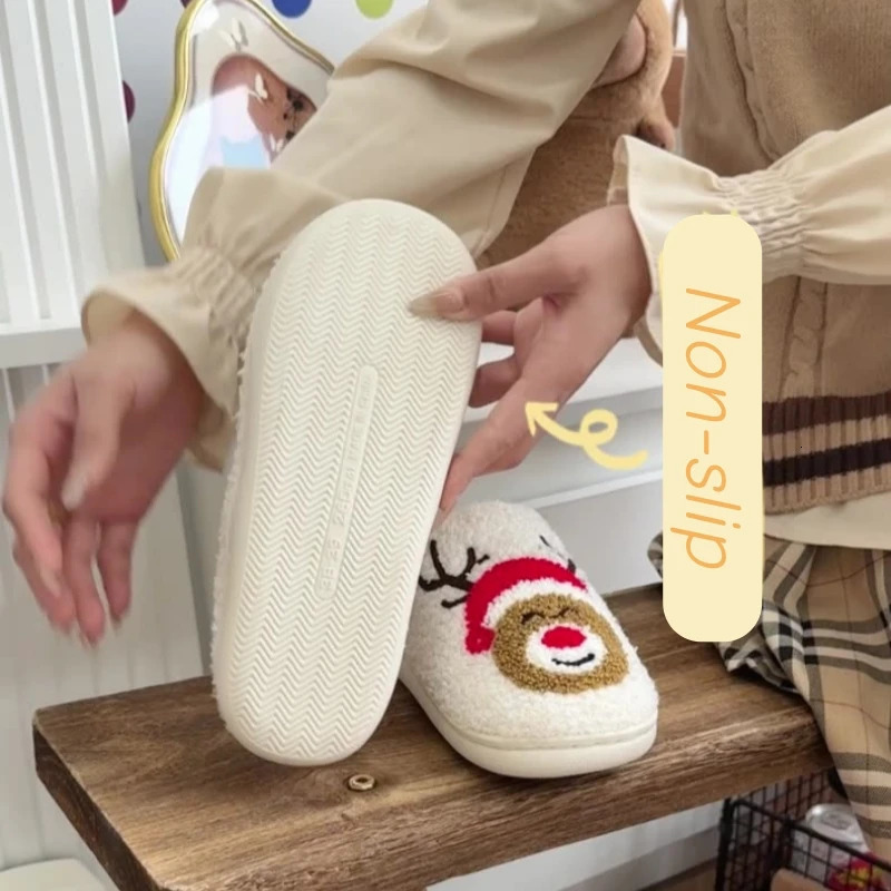 Christmas Women Warm Fashion Slippers Men Cute Santa Claus Embroidery Pattern Slides Couples Furry Sandals Family Plush Shoes 251021