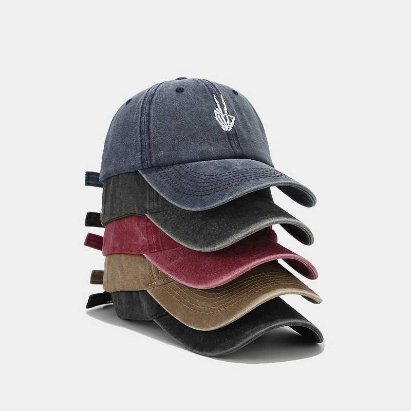 New Skull Finger Embroidery Baseball Cap Trendy Washed Vintage Soft Brim Duckbill Cap H251020