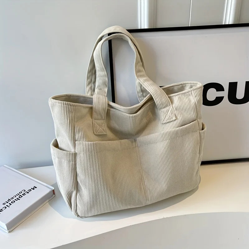 Womens Casual Corduroy Tote Bag Striped Shoulder Bag with Fixed Straps Zipper Large Capacity Handbag for Daily Outings and Shop 251021