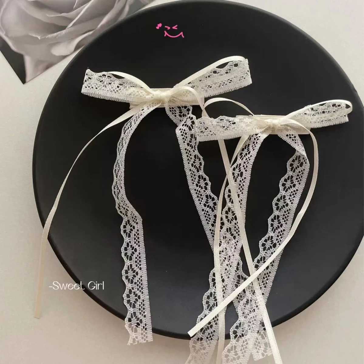 2pcs Korean Lace Bow Hair Clip Trend Long Ribbon Hairpins Barrettes Headband for Women Girl Hair Accessories Wedding JewelryW254021