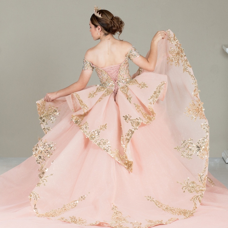 Pink Quinceanera Dresses Ball Gown Off The Shoulder Gold Applique Lace Tull Puff Sleeve Party Birthday Sweet 16 Dress Vestidos De 15 Anos