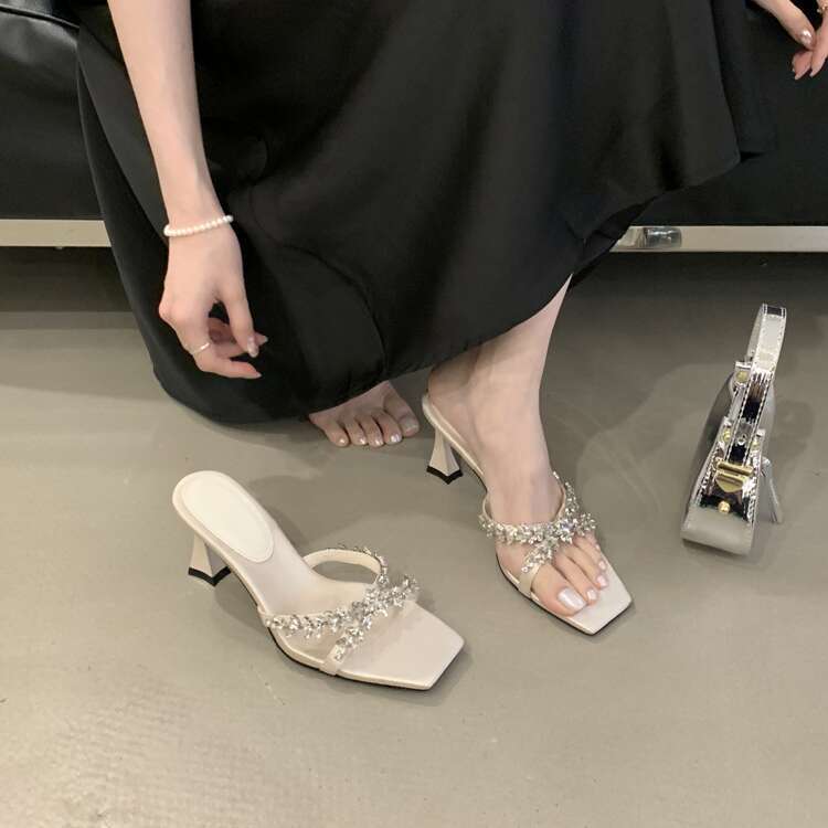 2025 Runway Style High Heels Mature Rhinestone Satin Open-Toe Sandals Designer Shoe Fashion Square-Toe Women's Slippers