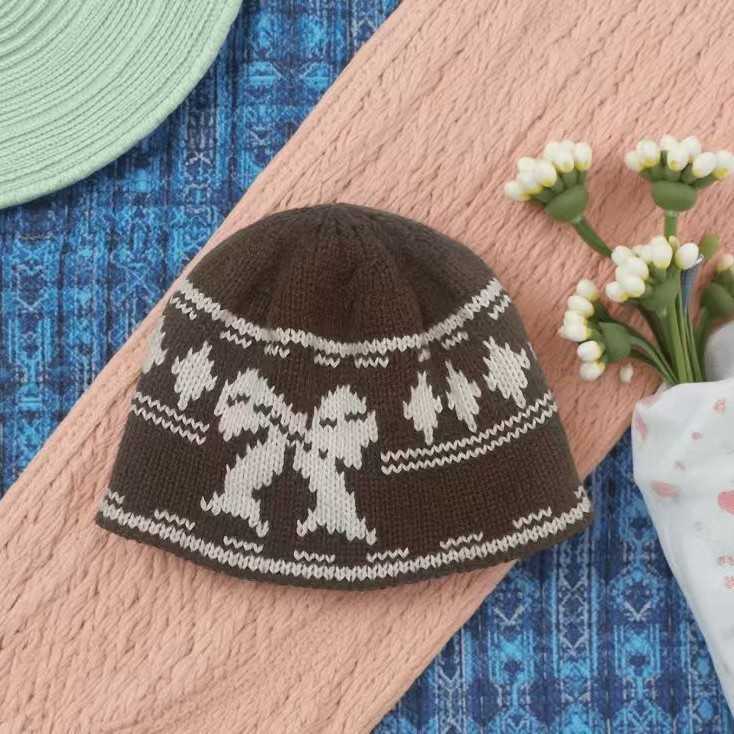 Knitted Hat for Women with Bowknot Jacquard Wool Hat Fleecelined Thickened Warm Cold Hat Head Wrap Hat H251020