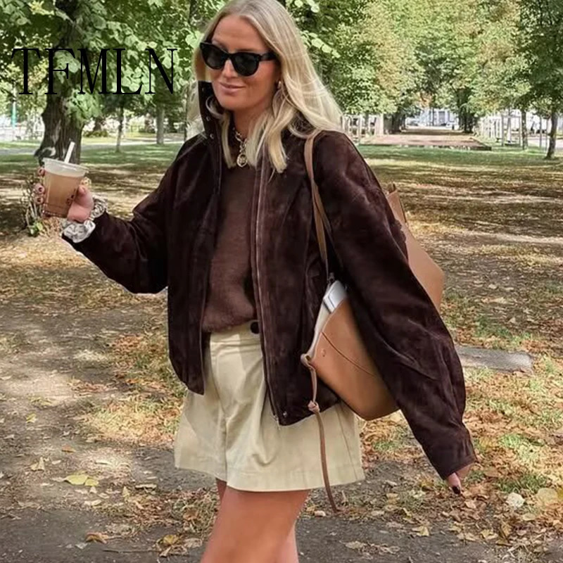 TFMLN Fashion Womens Suede Jackets Female Pockets Elegant Warm Coat Chic Street Zipper Casual Coats 251021