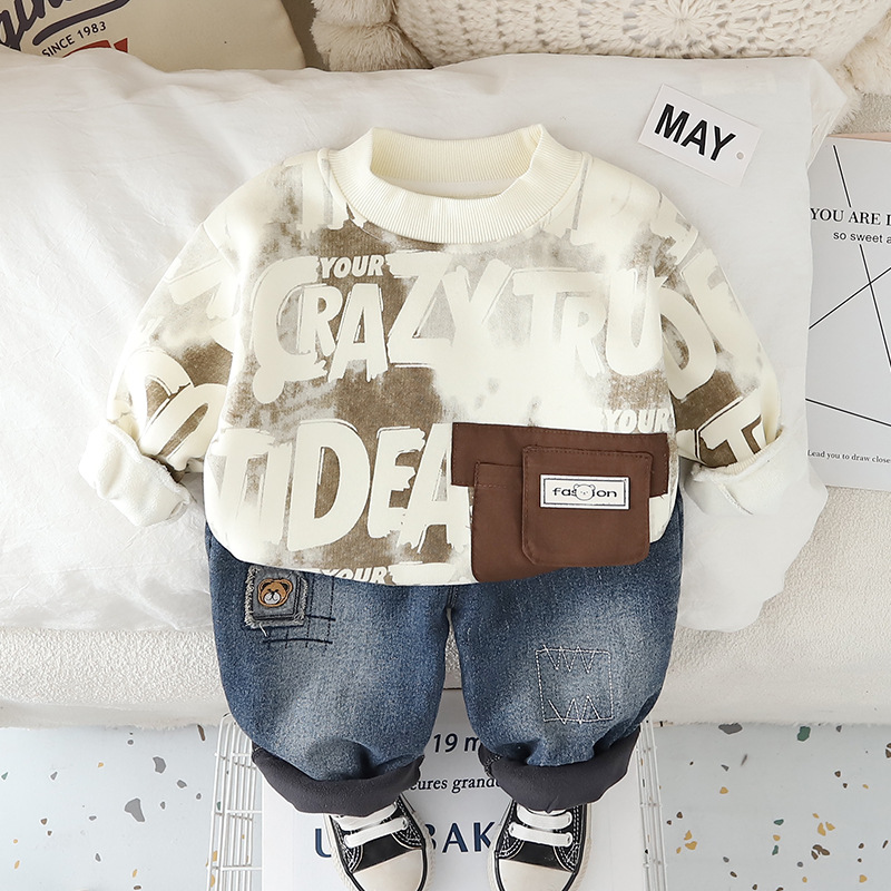 luxury kids clothing 2025 Boys Fleece-Lined Sweatshirt Set, Crewneck Jogger Outfit with Patch Pocket, Warm 2-Piece Autumn Winter Clothes