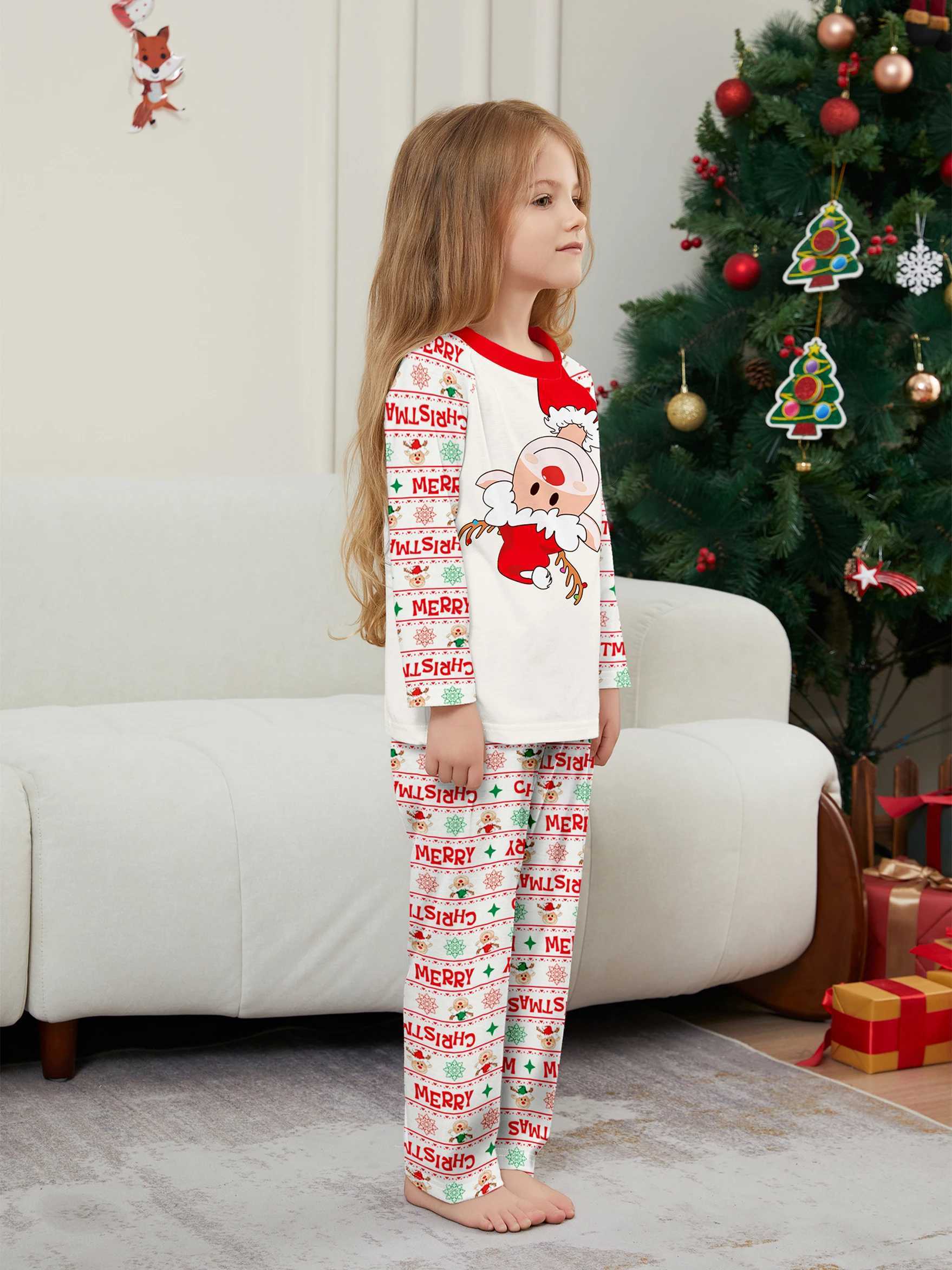 Christmas Family Sleepwear Set Cartoon Reindeer Merry Christmas Print Red White Pajamas L251021GGD7