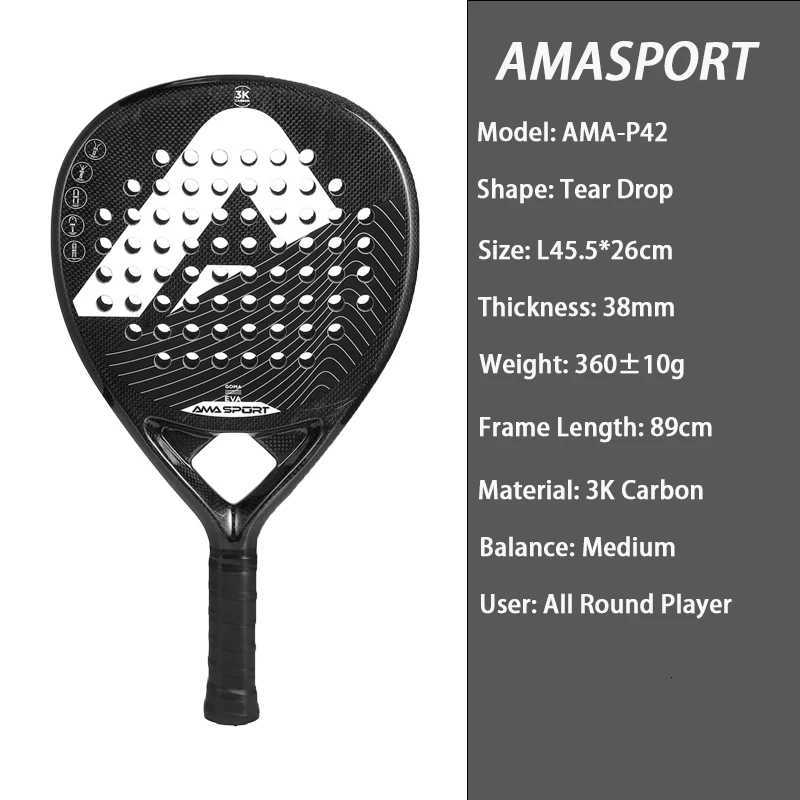 AMASPORT Padel Racket Pop 3K Lightweight Carbon Fiber Mens Tennis Racquet Medium Balance With Soft EVA Tear Drop Shape Padel W251021