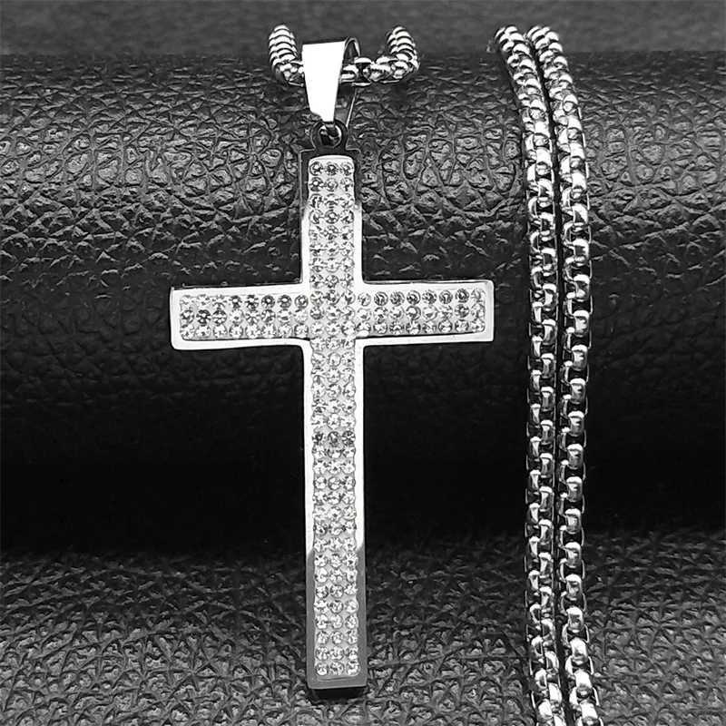 Trendy Cross Rhinestone Pendant Necklace For Women Men Stainless Steel Silver Color Religion Catholic Chain Jewelry GiftsXJ251018