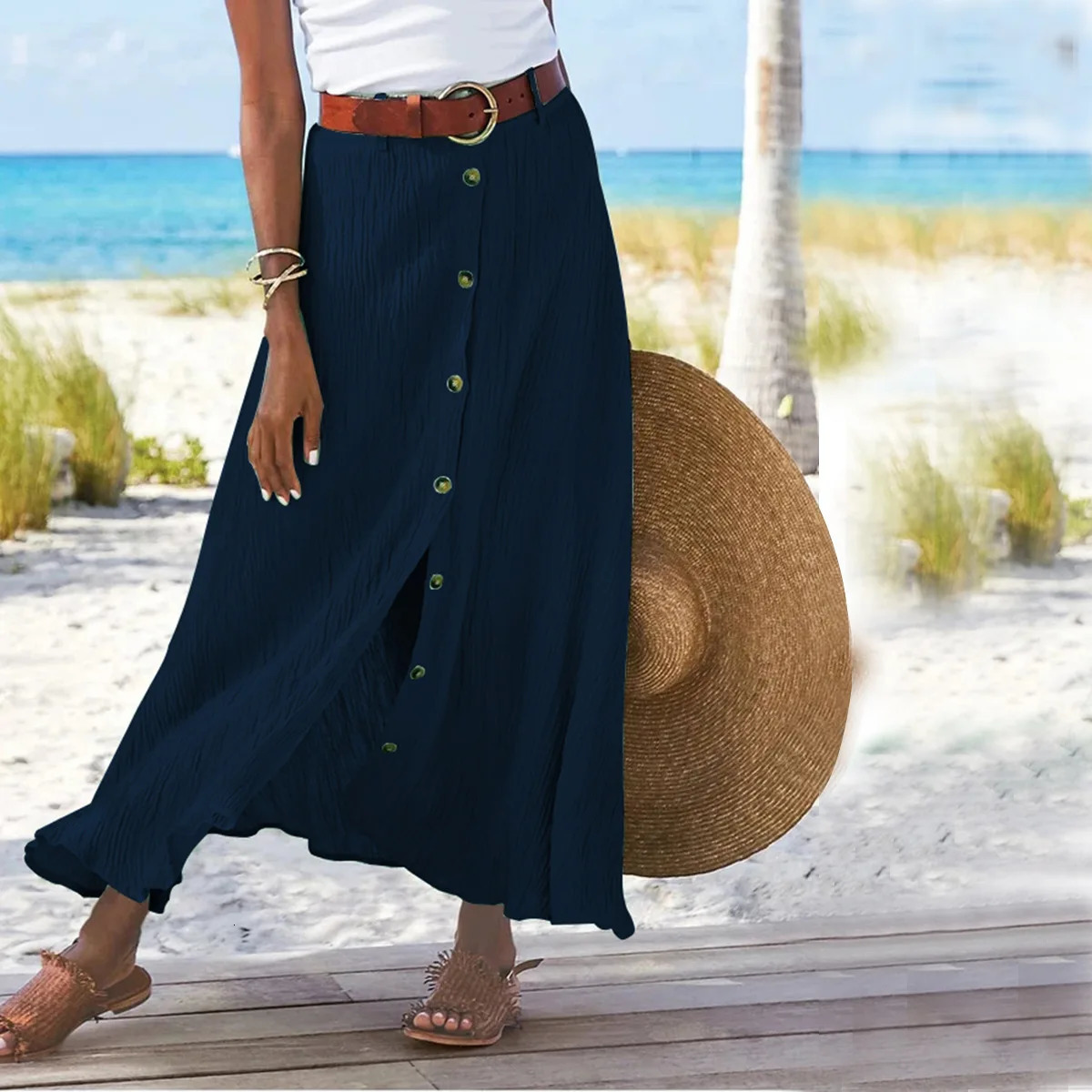 Summer Fashion Button Solid Color Halfbody Skirt Halfbody Skirt Split Aline Package Hip Midwaist Long Skirt 251013
