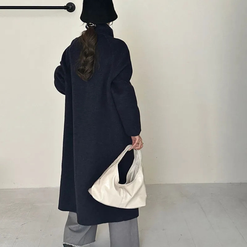 LANMREM Stand Collar Navy Blue Womens Doublefaced Woolen Coat Raglan Sleeve Double Breasted Autumn Winter Clothing 2DB4773 251017