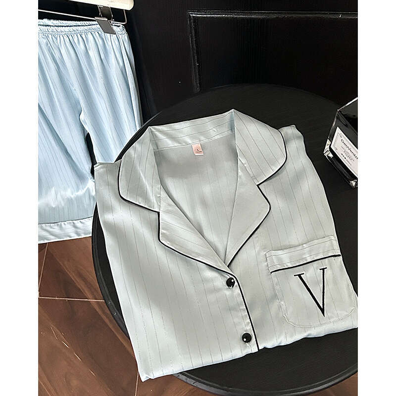 Water Blue Striped V Korean Style Sweet Women's Pajamas Autumn Winter Long Sleeve Ice Silk Comfortable Homewear Set