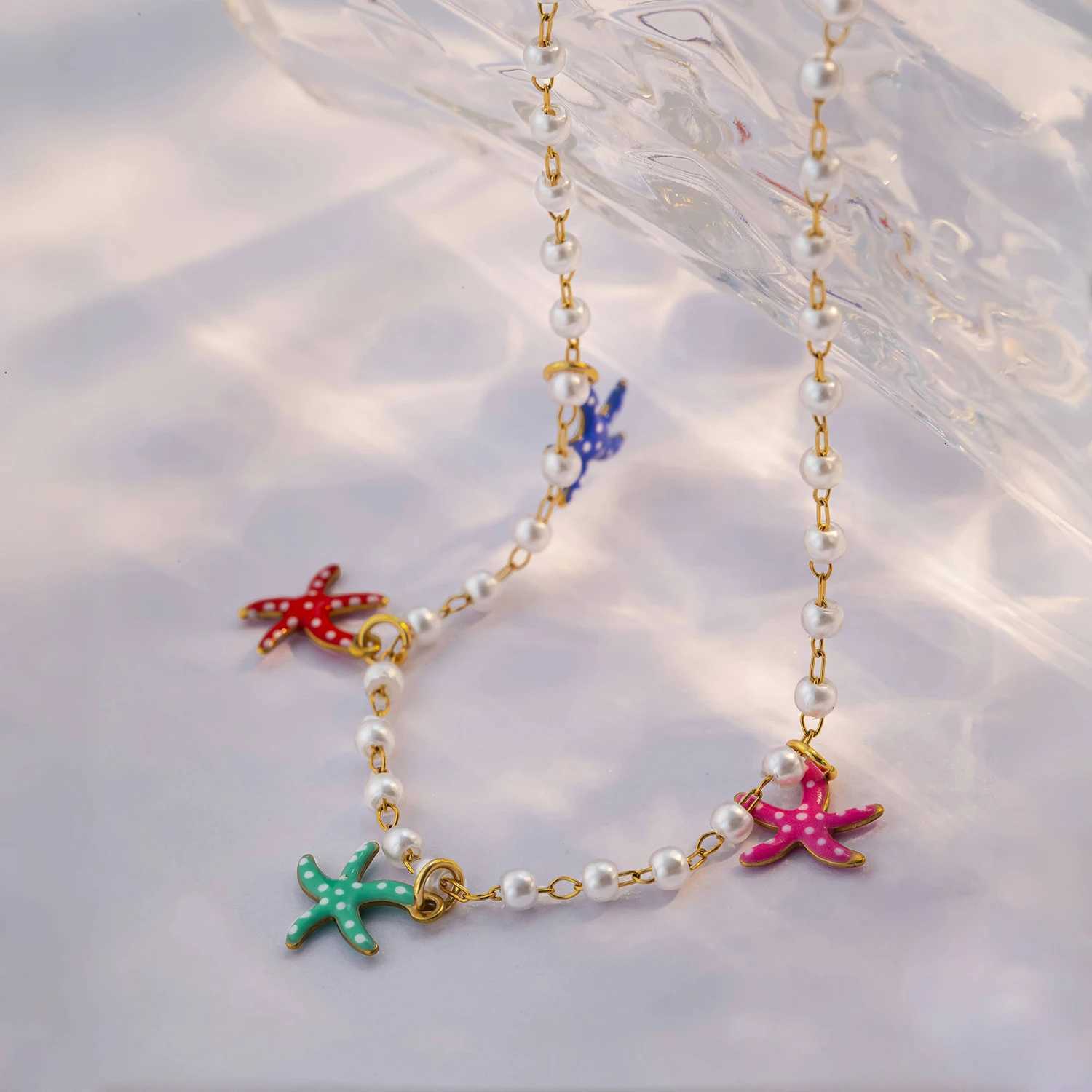 Colorful Starfish Pendant Pearl Necklace for Women Summer Beach Coastal Boho Hypoallergenic Stainless Steel Jewelry Gift XJ250717