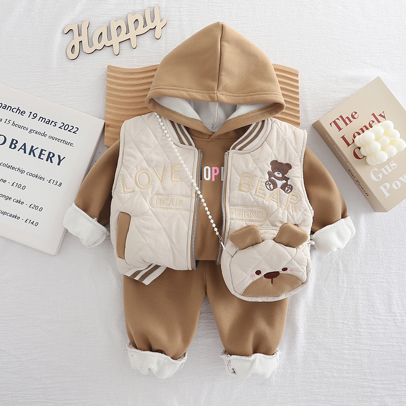 Chic Girls 3-Piece Outfit 2025, Winter Set Includes Quilted Coat Vest and Crossbody Bag, Stylish Clothing for Toddlers