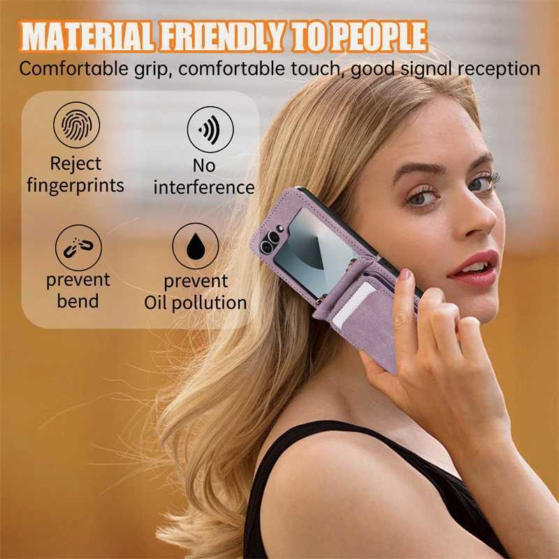 Leather Wallet Card Holder Case for Galaxy Z Flip 7 6 5 4 3 ZFlip Flip6 Flip5 Flip7 with Crossbody Lanyard Bag Cover J251114