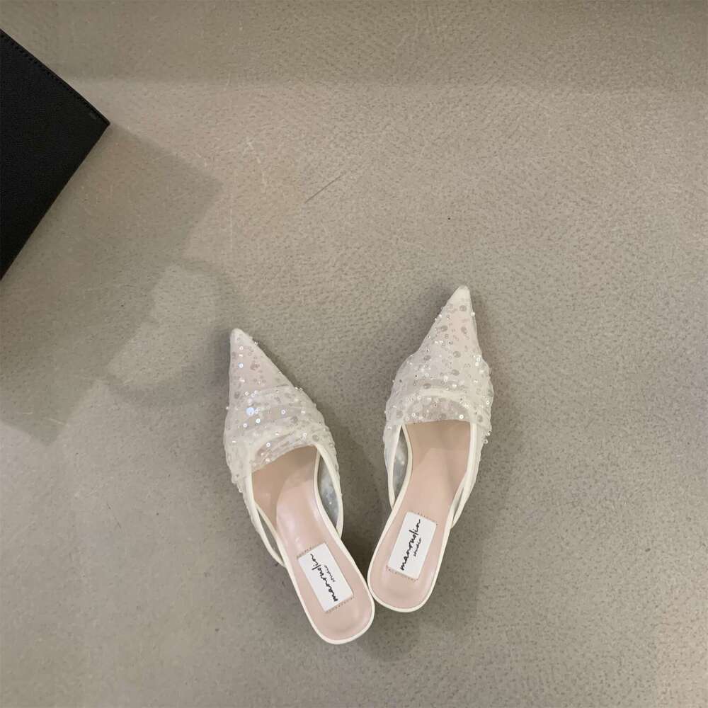 Pointed Toe Shallow Mouth Mules 2025 Spring New Women's Designer Lace Hollow Shoes Thin Mid Heel & Versatile for Outdoor Wear