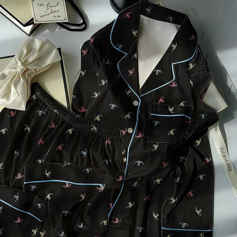 Korean Style Casual Print Womens Pajamas Fun Print Lace Solid Design 2 PC Set Pajamas Autumn Winter New 2025 Loungewear Fashion Y251104