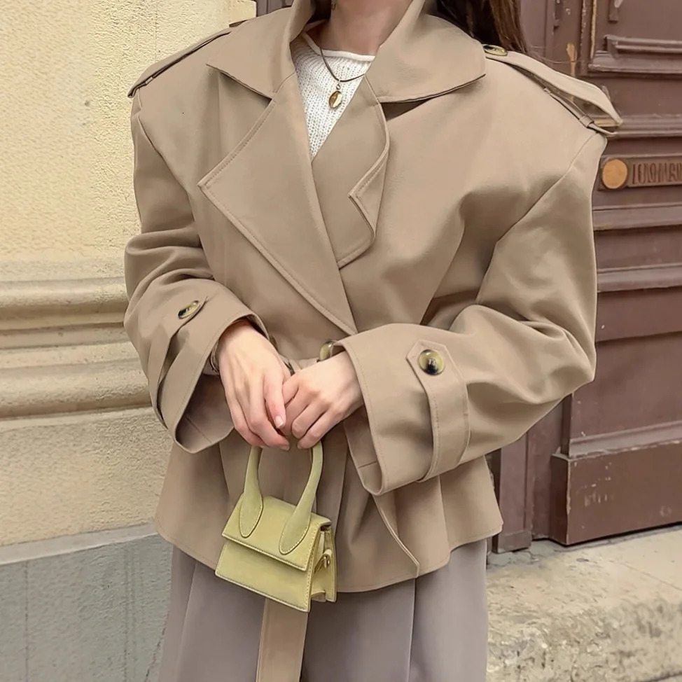 Women Fall Laceup Cropped Trench Coat Fashion Lapel Long Sleeves Wide Shoulder Windbreaker Jacket Commuting Daily Jackets 251017