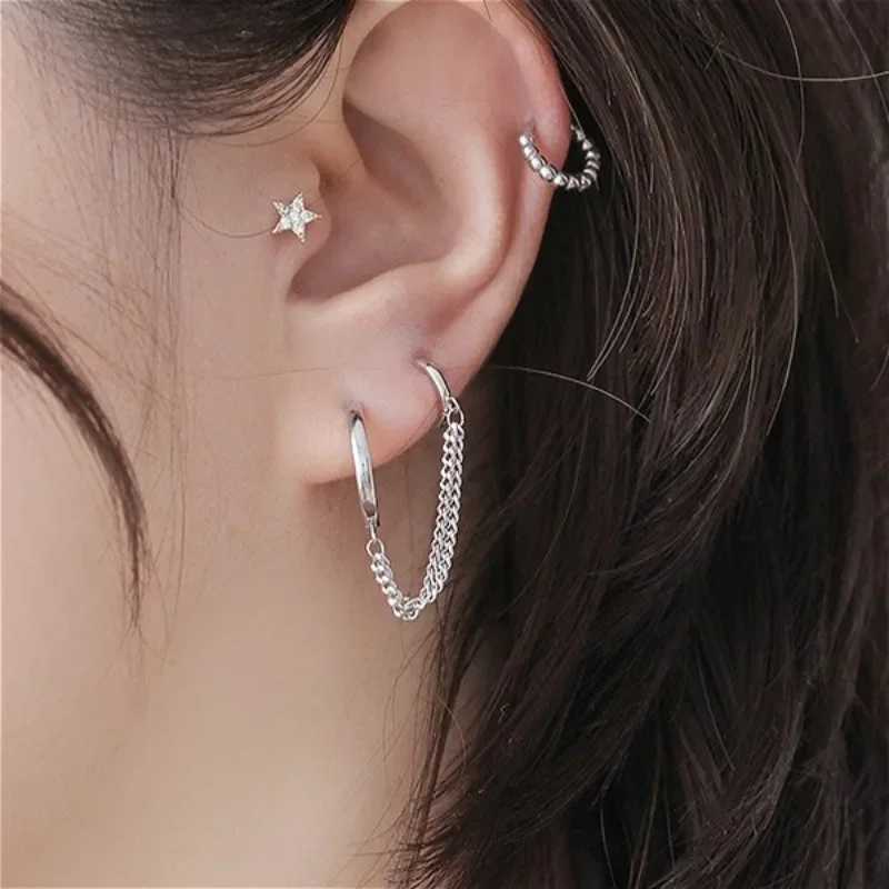 1PCS Stainless Steel Double Ear Hole Link Chain Hoop Earring for Women Ear Jewelry Accessories Gift Aretes J251021