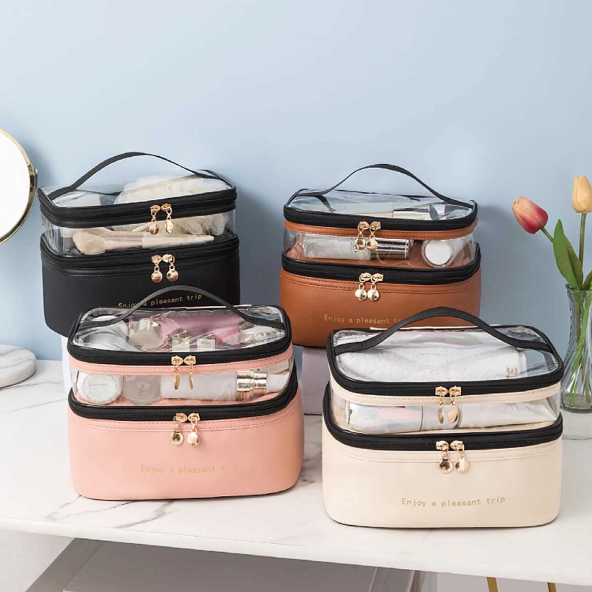 Double layer PU cosmetic bag large capacity portable storage bag waterproof travel toiletry bagW251021