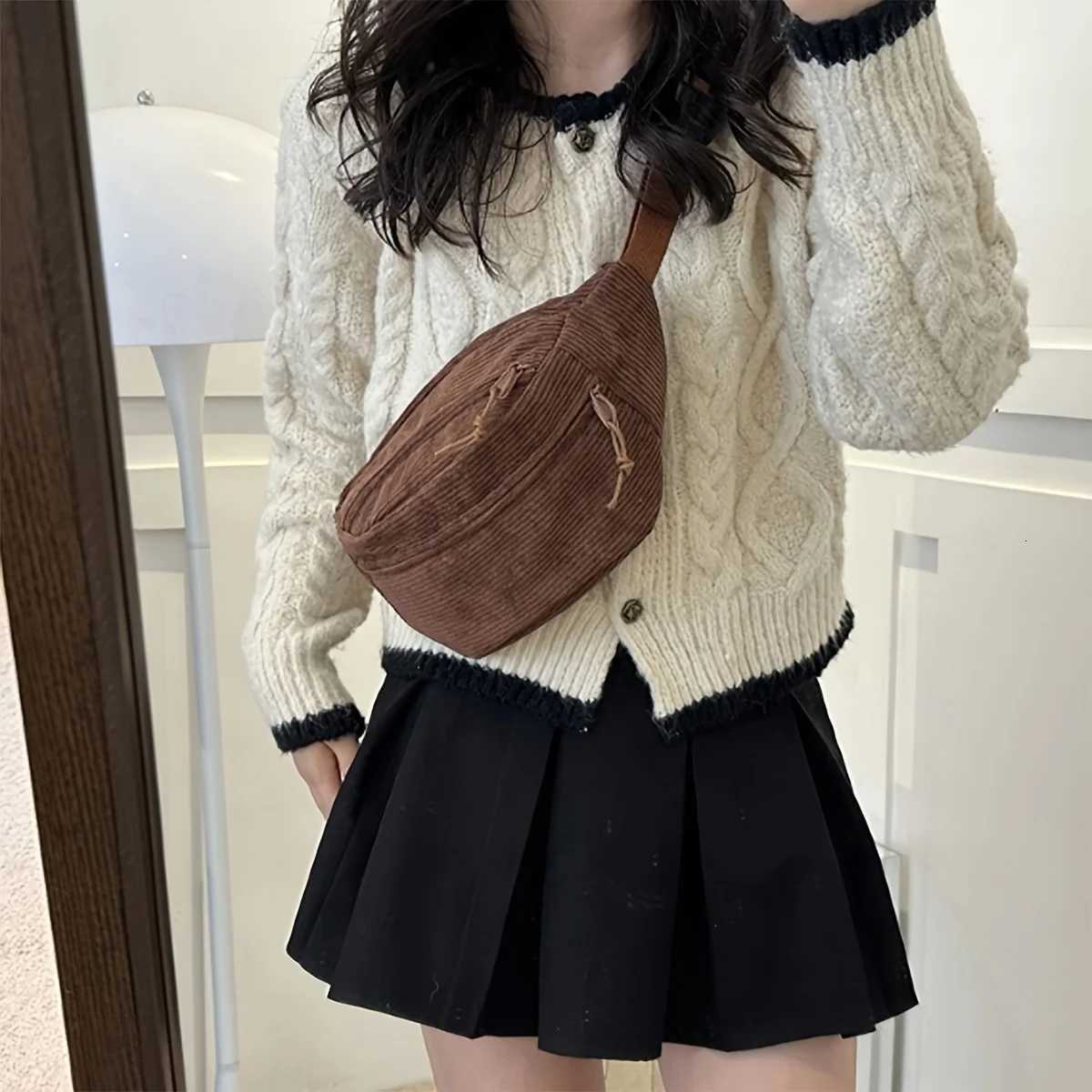 Corduroy sports Fanny pack simple fashion solid color large capacity shoulder bag chest bag a pack Z251021