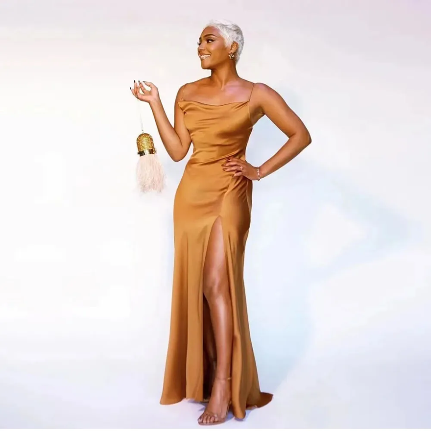 Gold Mermaid Bridesmaid Dress Spaghetti Strap Side Split Formal Evening Party Dress Women Floor Length Bodycon Maid of Honor Gowns