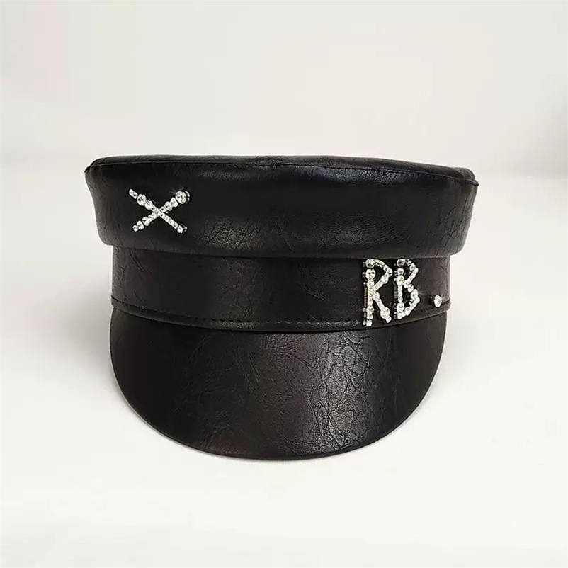 Fashion PU sboy Hat For Women Diamond Letter Flat Top Cap Solid Color Militray Hat Fashion Street Style Navy Hat 251016