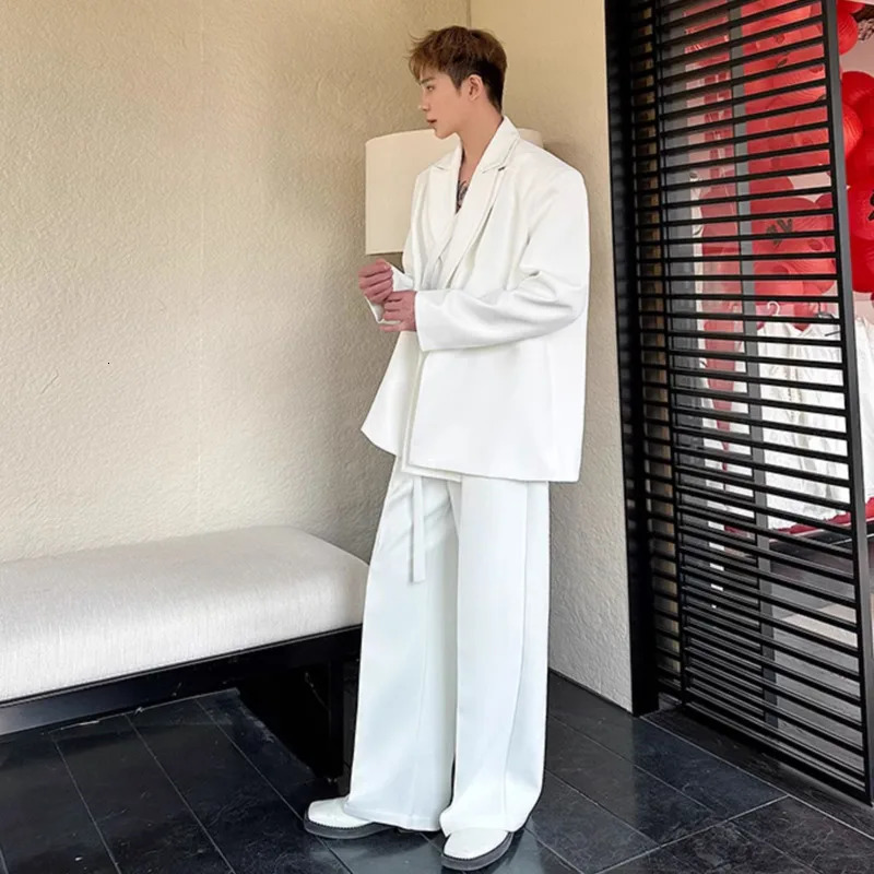 IEFB Niche Mens Twopiece Solid Color Double Layers Collar Laceup Blazer Casual Straight Leg Male Suit Pants Chic 9W679 251021