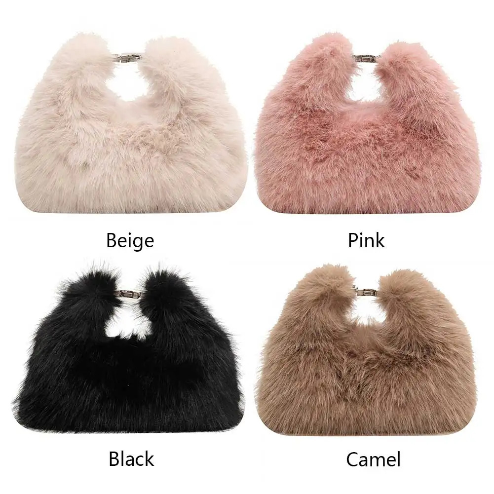 Women Faux Fur Shoulder Bag Adjustable Strap Fluffy Crossbody Bag Solid Color Clutch Purse Hobo Bag for Travel Party 251021