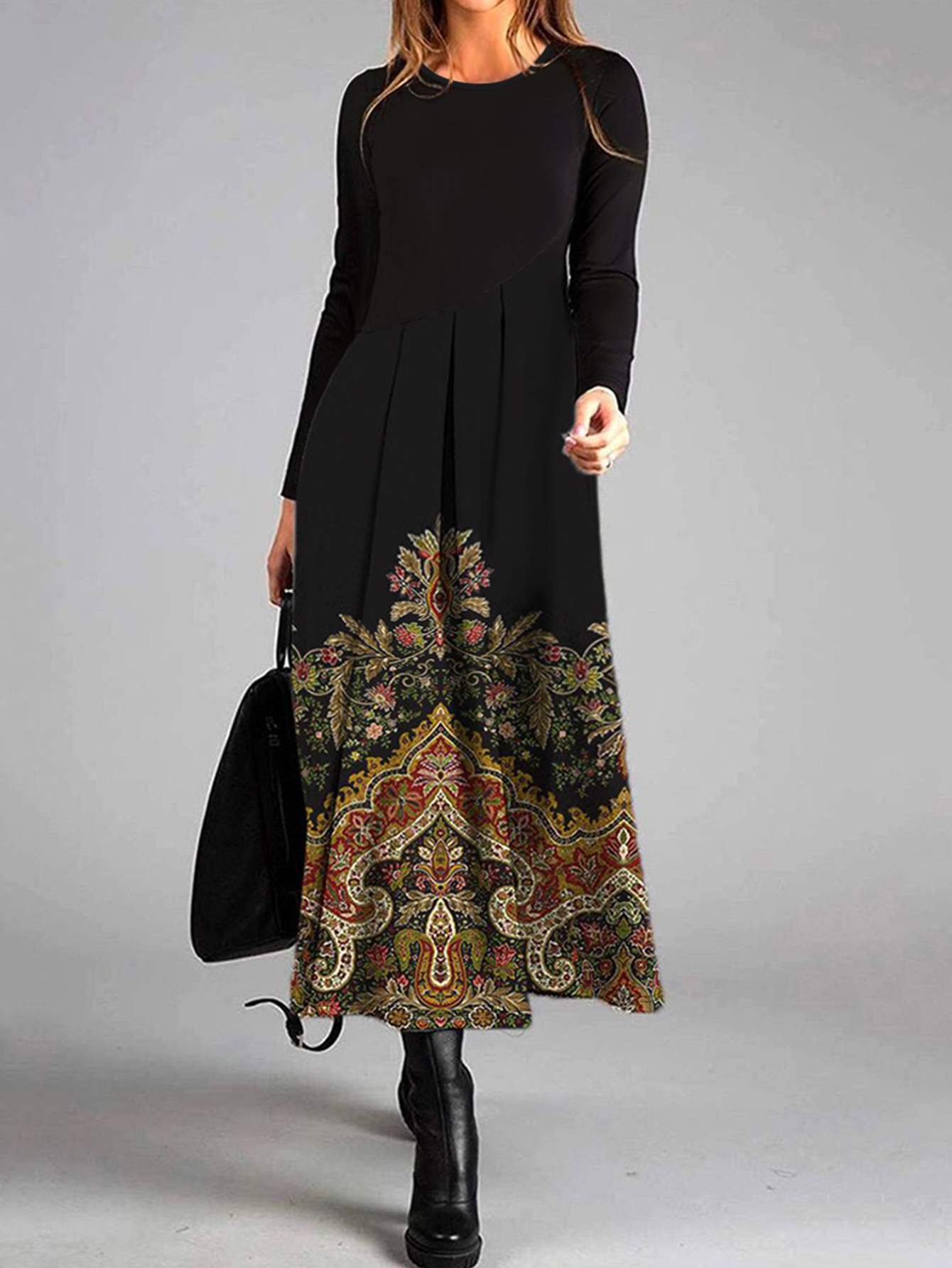 Women's Autumn & Winter Retro Floral Printed Long Sleeve Dress, Milk Silk Fashion Commute Versatile Elegant Straight Dress-CF56274