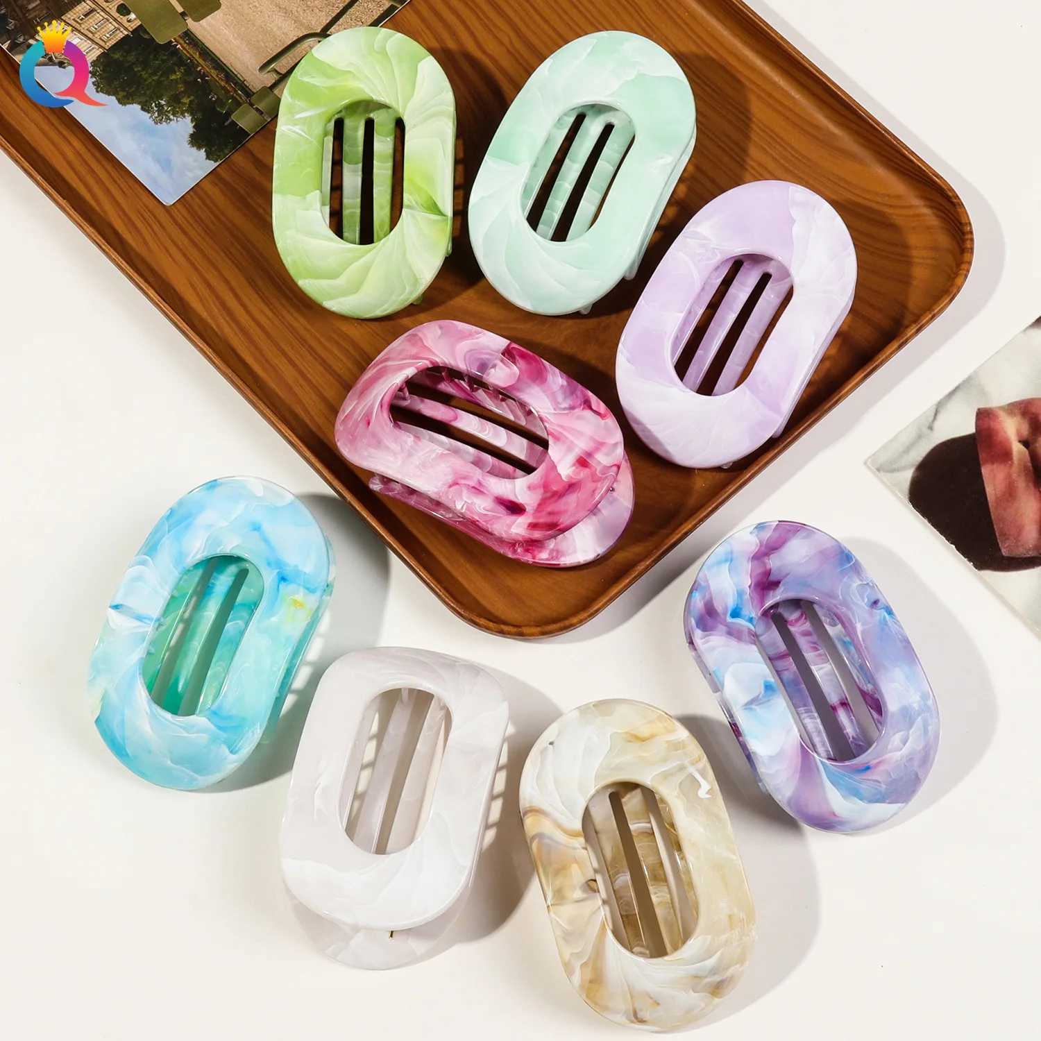 Fashion Oval Hair Claw Clips Women Elegant Marbling Acrylic Flat Circular Hair Grips Premium Colorful Updo Hair Pins BarrettesW254021