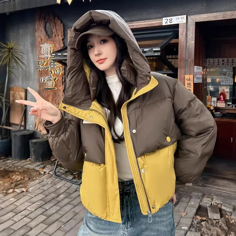 Winter Short Patchwork Hooded Parker Down Jacket Female Zipper Waterproof Thick Outwears Women White Duck Puff Warm Jackets 251017