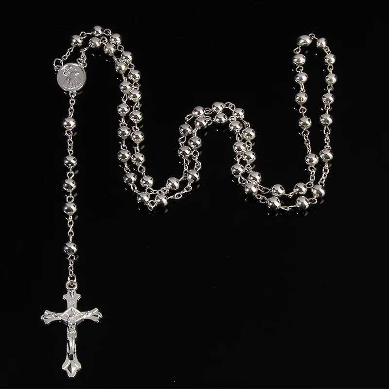 6MM Imitation Gold Iron Bead Rosary Necklace High Quality Rosary Necklace Beautiful Cross Pendant Rose Necklace XJ250717