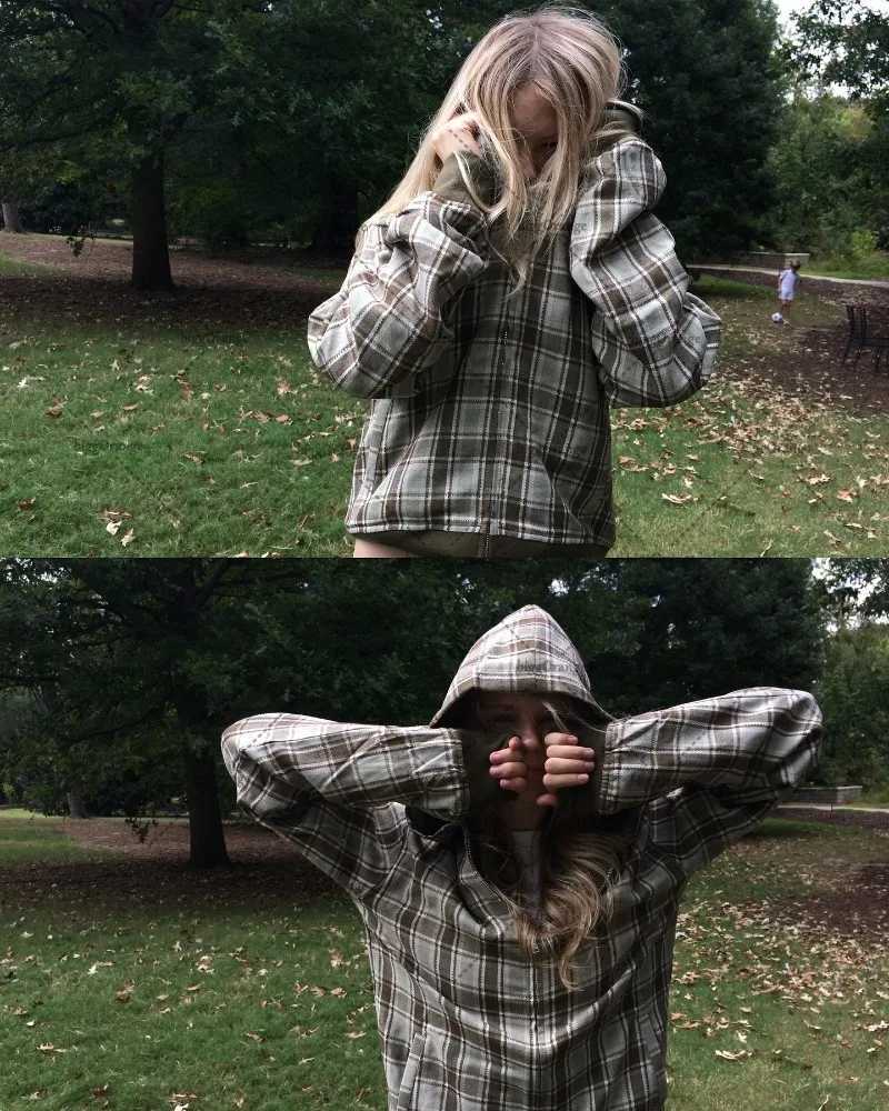 Harajuku Retro High Street Classic Plaid Zip Hoodie Women Y2K 2025 Hiphop Casual Fashion Vintage Loose Oversized Sweatshirt Men W251021