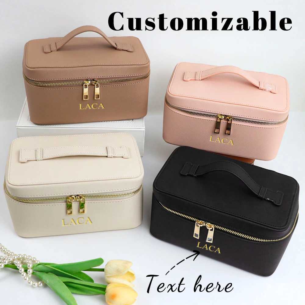 Customized name genuine leather womens travel bath products box bag portable hanging makeup bag box multiset makeup bag boxW251021