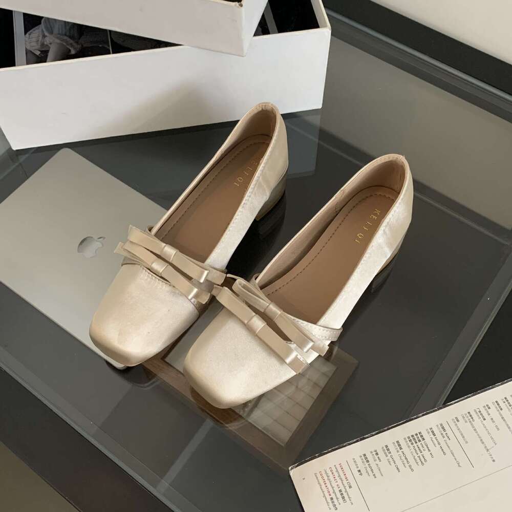 2025 New Designer French Satin Mary Jane - Women's Sweet & Elegant Slip-On Single Shoes with Square Toe & Chunky Heel