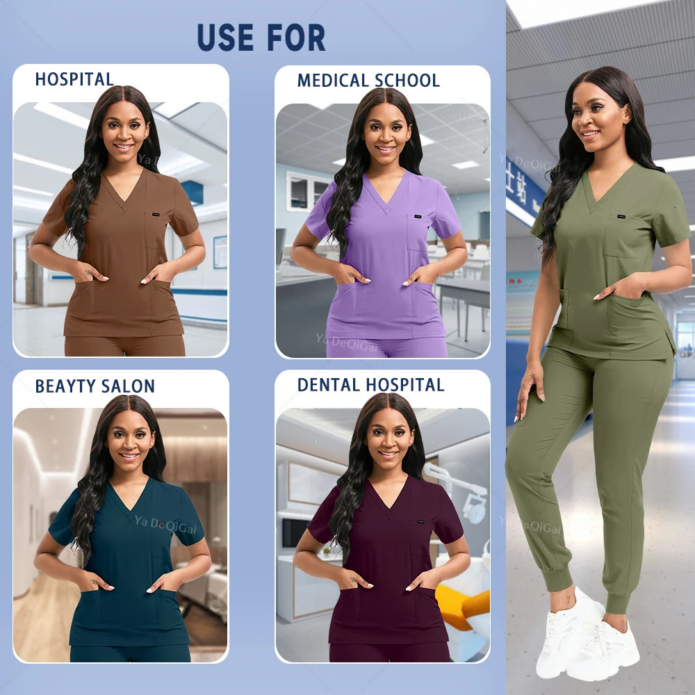Stretch Scrubs Women Set Nursing Uniforms Clinical Scrubs Set Nurse Doctor Dustproof Workwear Scrubs Top Jogger Pants 2501021