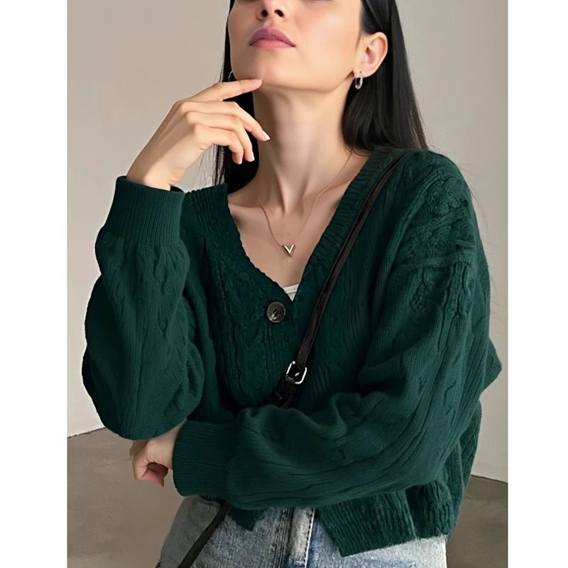 Retro Vneck Twist n Longsleeved Short Knitted Cardigan Elegant Solid Sweater Jacket AutumnWinter Womens Clothing 251017