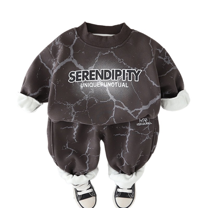 Free Shipping 2025 New Boys Fleece-Lined Sweatshirt Set, Letter Print Hoodie & Joggers 2-Piece, Warm Winter Outfit for Toddler Boys