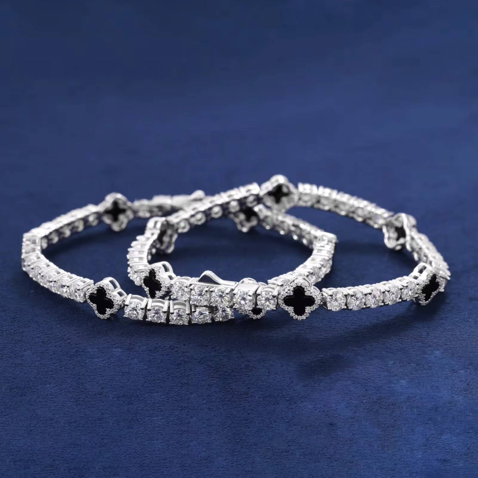 Black Clover Gift 4mm 925 Sterling Silver VVS Moissanite Diamond Agate Tennis Bracelet Four Leaf Fine Necklace Jewelry