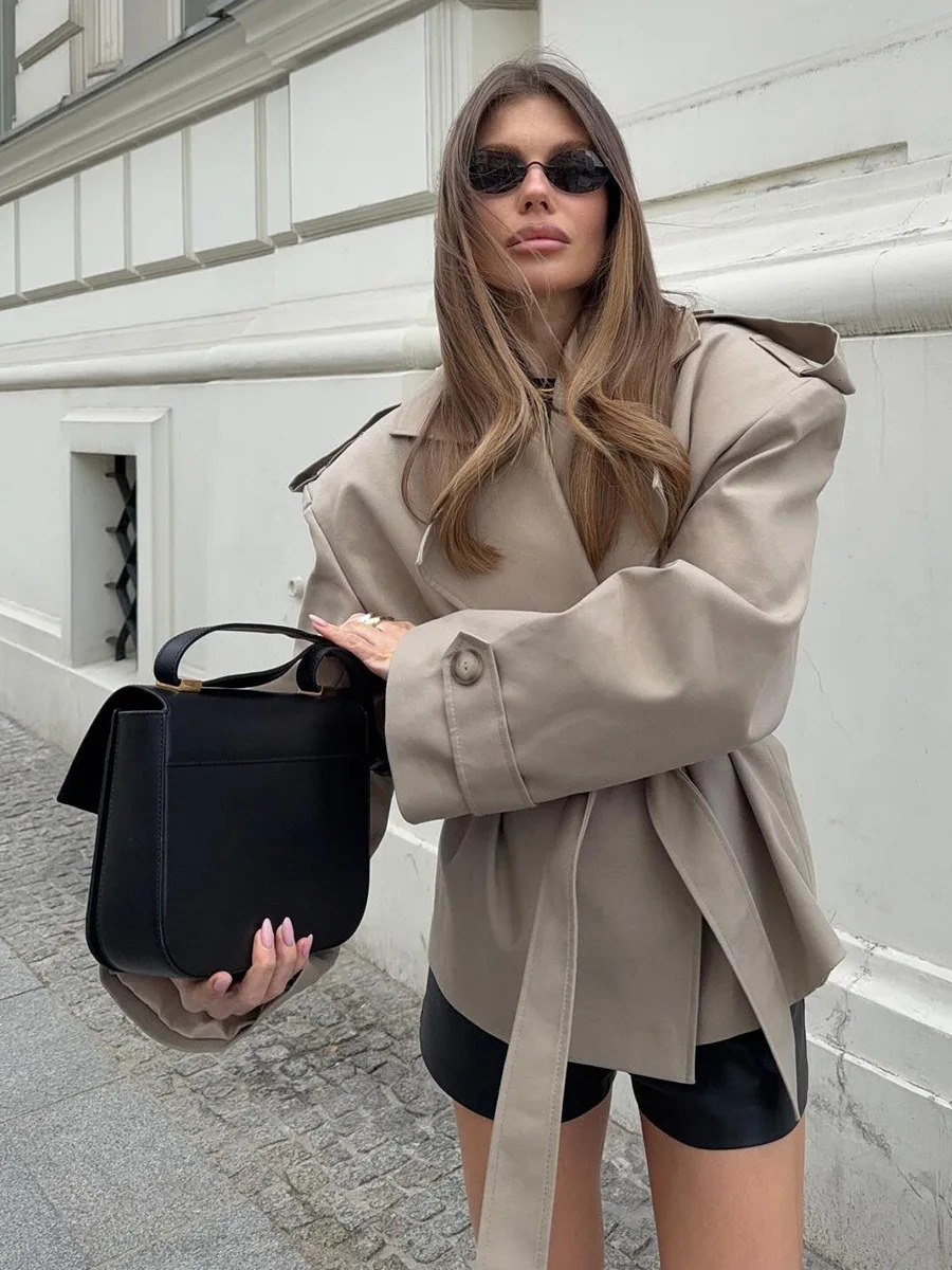 Zekye Womens Oversized DoubleBreasted Trench Coat Belted Short Length Outerwear with Wide Lapel Shoulder Details Traf 251021