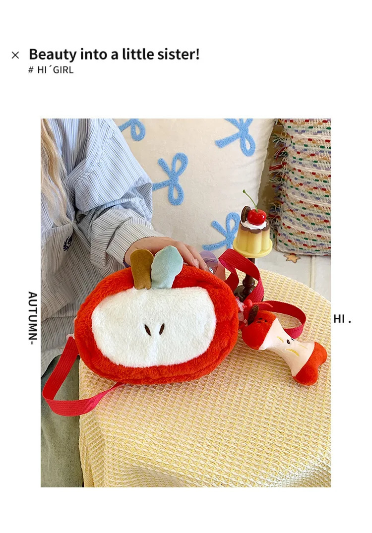 2025 women plush cute shoulder bag girl creative red Apple cartoon large capacity mobile phone bag 251021