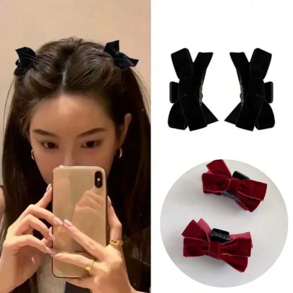 Korean 2pcs Sweet Black Red Bow Small Hair Claw Clip Princess Velvet Bow Hair Clip Claw Clamp Headwear Girls WomenW254021